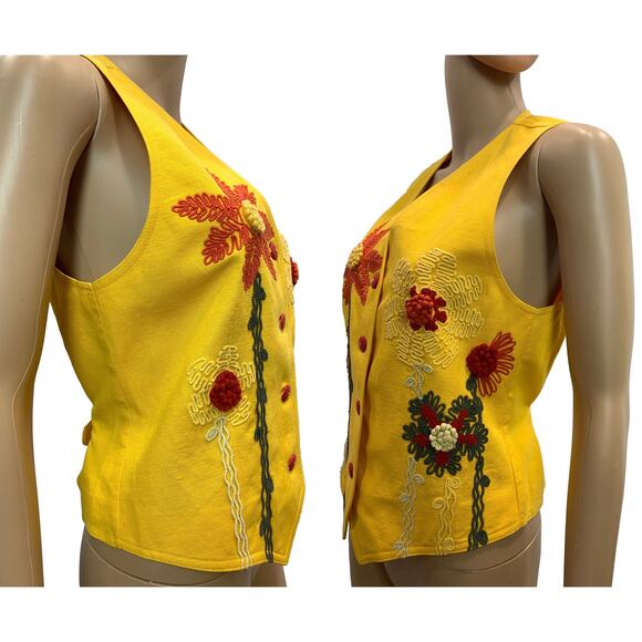 Cento x Cento Yellow Linen Blend Vest w Floral Embroidery | Italy 38 XS/S - Picture 7 of 9